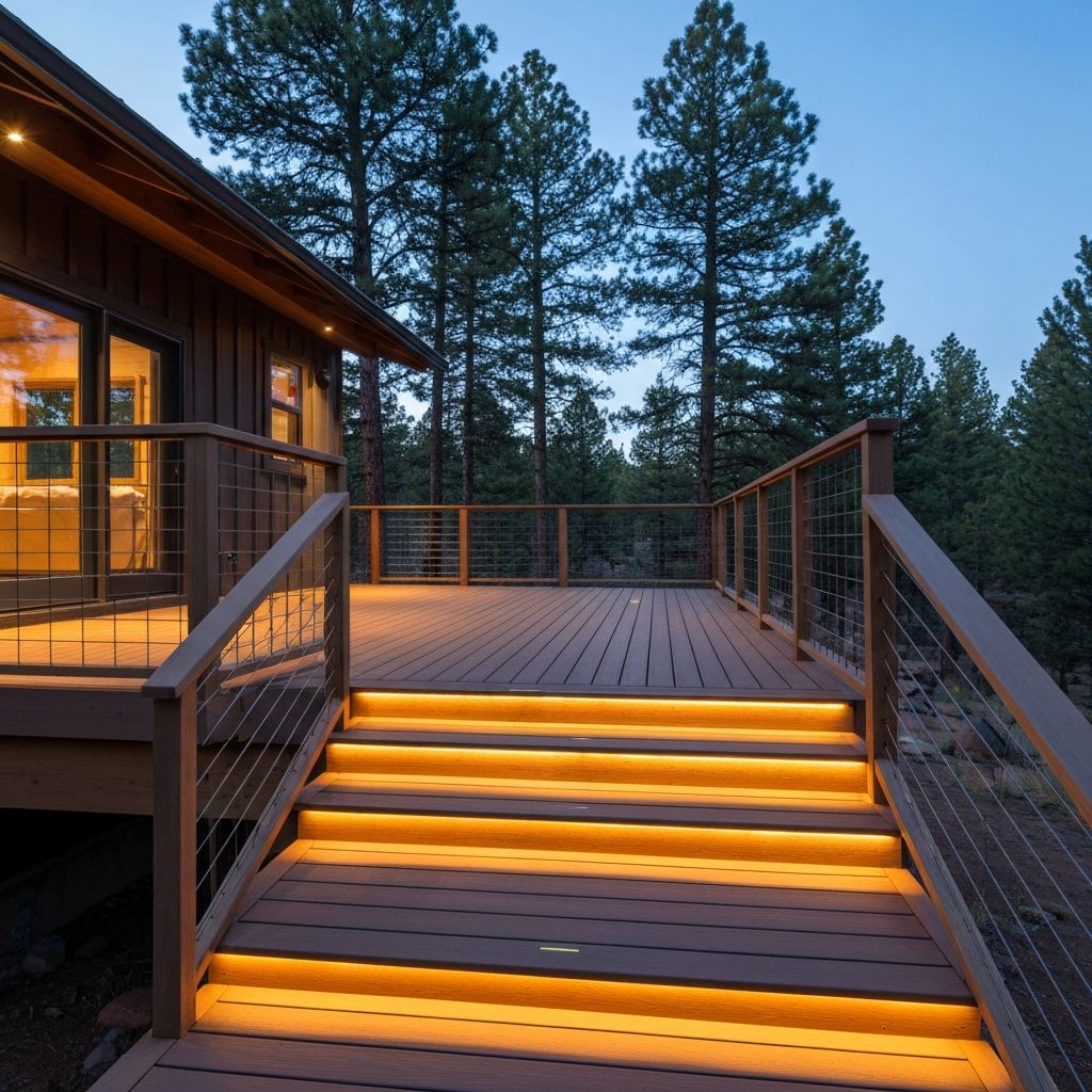 Beautiful composite deck stairs with built-in lighting and wire mesh railings